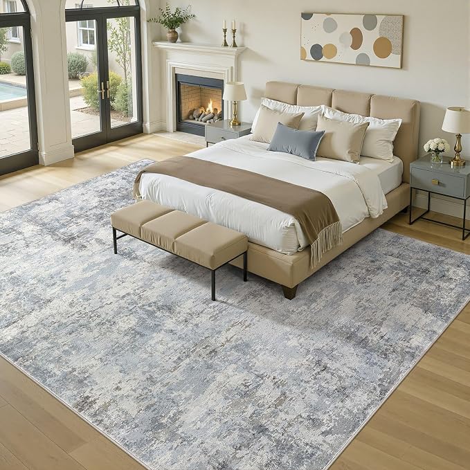 12x15 Area Rugs for Living Room, 12x15 Rug Washable High-Low Pile | Neutral Modern Abstract Carpet, Non Slip Lightweight Soft Made for Dining Room, Home Office Indoor Decor - Blue Gray