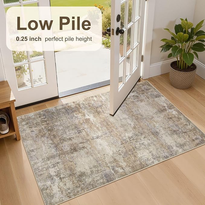 Neutral Washable Area Rug 3x5, Abstract Small Rugs for Entryway | Modern Non Slip Carpet, Stain Resistant Joint-Friendly, Rug for Bedroom, Kitchen, Living Room, Indoor Front Door - Dark Brown