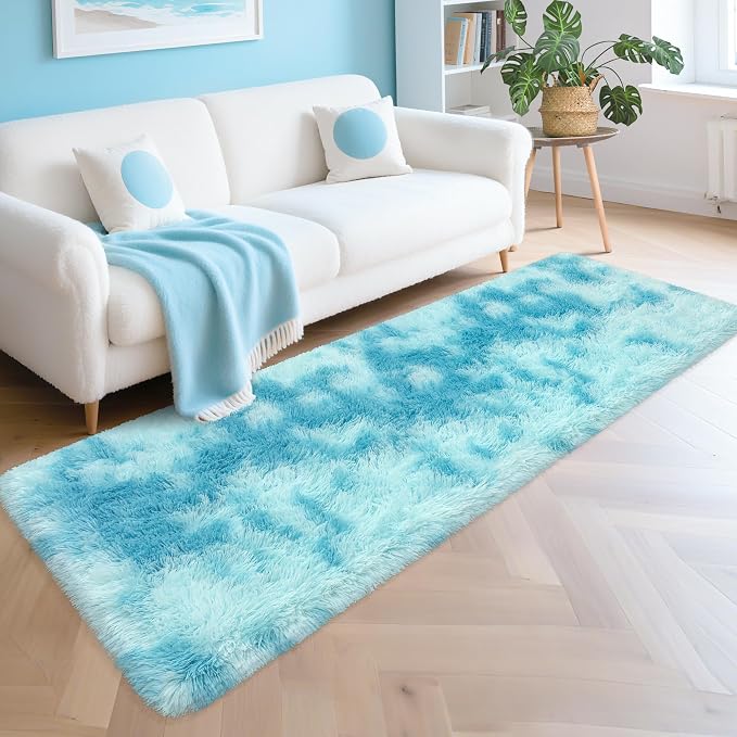 Light Blue Fluffy Rug for Bedroom Living Room, 2x6 ft Soft Sky Blue Bedroom Runner Rug for Bedside Kids Boys Room Hallway, Washable Fuzzy Kids Rugs Plush Shag Carpet for Nursery Dorm