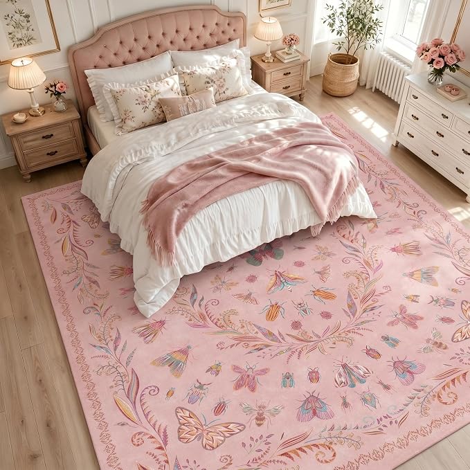 Lunasun Insect Pink Rug for Living Room - 9x12 Cute Rugs for Bedroom, Moth Floral Boho Design, Low Pile Stain Resistant Washable, Perfect for High Traffic Area