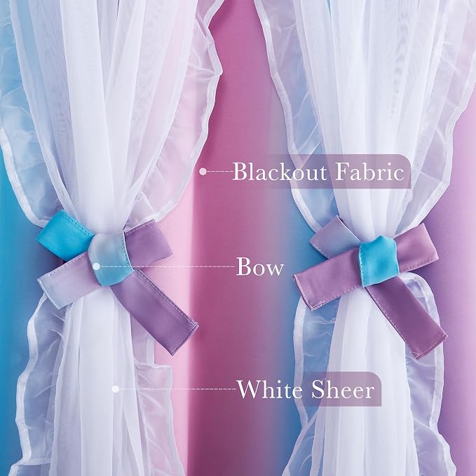 PONY DANCE Ruffle Curtains Double Layers Sheer Overlay Shabby Chic Decoration for French Country Rustic Design Window Covering with Tiebacks, 52" Wide x 84" Long, Blue-Pink, 2 Panels