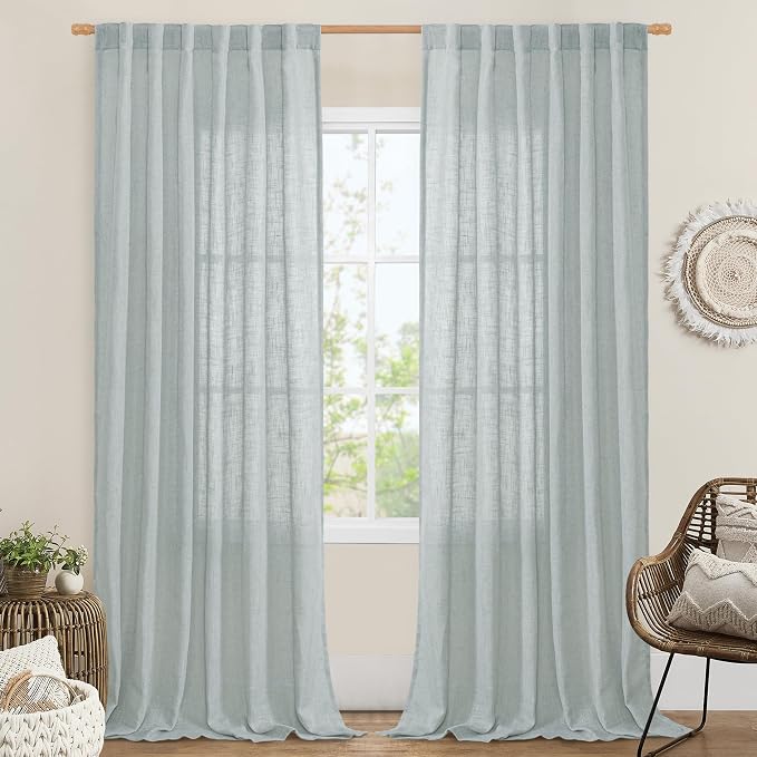LAMIT Living Room Linen Curtains - 90 Inch, Back Tab & Rod Pocket, Light Filtering, Burlap Textured Sheer Curtains for Farmhouse, 2 Panels, 52 x 90 Inch, Greyish Blue