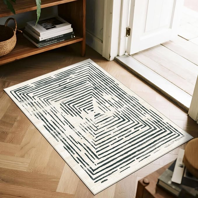BLISSA 2x3 Small Entryway Rug - Modern Door Mat Non-Slip Ultra-Thin Soft Black White Lines Borderd Abstract Front Door Rug Indoor Entrance Throw Rugs for Bedroom Bathroom Kitchen Home Decor