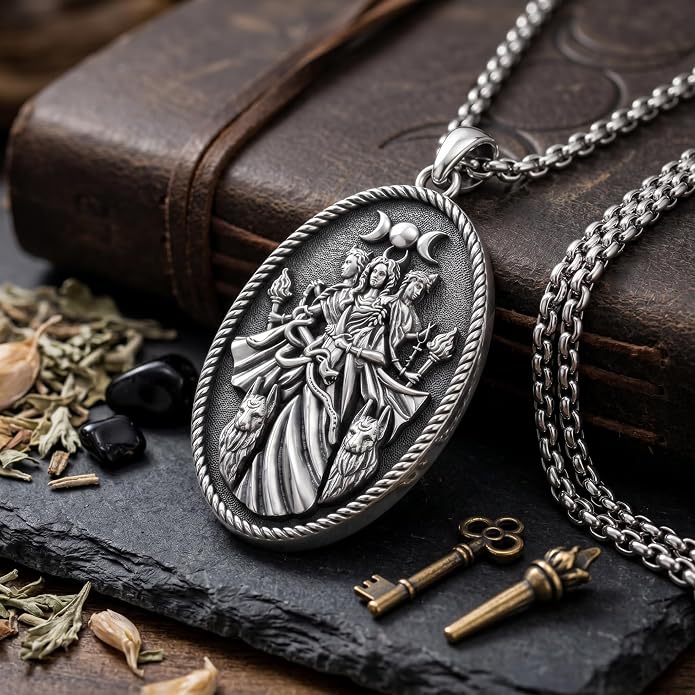 Hecate Wiccan Triple Moon Goddess Necklace Tetragrammaton Nudo De Bruja Plata 925 Original Sterling Silver Cat Moon Pendant Hekate Witch Necklace Amulet Witchy Jewelry Gifts for Women Men