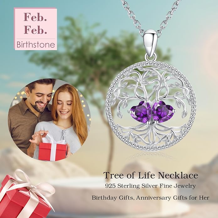 Mothers Day Gifts for Women，925 Sterling Silver Family Tree of Life Pendant Necklaces with 2 Heart Birthstone Jewelry Birthday Anniversary Christmas Gifts for Her Girlfriend Mom Wife Grandma Daughter