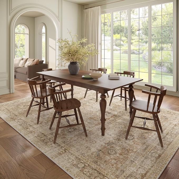 Boho Washable 8x10 Area Rugs for Living Room, Cushioned, Brown | Vintage Non-slip Neutral Oriental Rugs for Bedroom Dining Room Nursery Office High Traffic Area