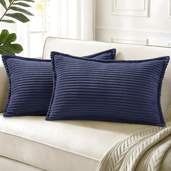 decorUhome Fall Corduroy Dark Navy Throw Pillow Covers 12x20 Set of 2 | Lumbar Couch Decorative Soft Modern Boho Farmhouse Pillow Covers Broadside Striped Pillow Cases for Living Room Bed Sofa