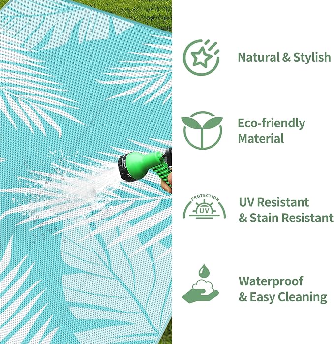 GENIMO Outdoor Rug, Waterproof Plastic Rugs 10'x14' for Camping Navy White | Outside Larger Leaf Carpet Mat for Porch Decor, Deck, Camping, RV, Backyard, Balcony, Picnic, Beach, Reversible, Foldable