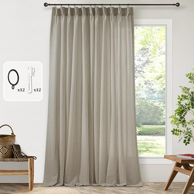 Semi Sheer Pinch Pleated Curtains 120 Inch Long 72 Inch Wide Linen | Light Filtering, Ceiling Curtain, Hooks Rings, for Living Room Large Windows, Farmhouse Drapes, Taupe Burlywood Birch, 72x120