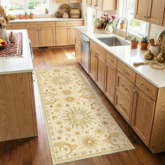 Vacuum-Friendly, 2x6 Washable Area Rug, Beige Camel Brown | Sun and Moon Boho Gothic Non-Slip Low Pile Living Roon Bedroom Dining Room Kitchen Entry Entryway Entrance Hallway Doormat