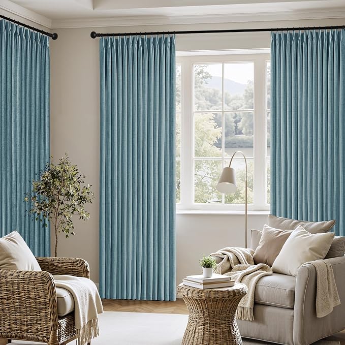 MIULEE Pinch Pleated Thick Linen Curtains 90 Inch 4 Panels Set Back Tab Memory Trained Pinch Pleat Semi Sheer Light Filtering Privacy Let Light in Window Drapes for Living Room Bedroom Dusty Blue