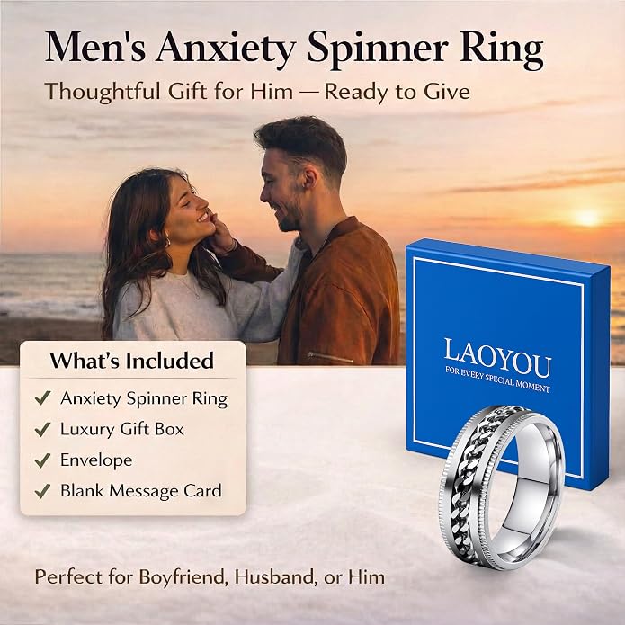 LAOYOU Fidget Anxiety Ring for Men | 8mm Spinner Band for Calming, Worry, Stress Relief & Mindfulness | Hypoallergenic Stainless Steel Comfort Fit Non Tarnish