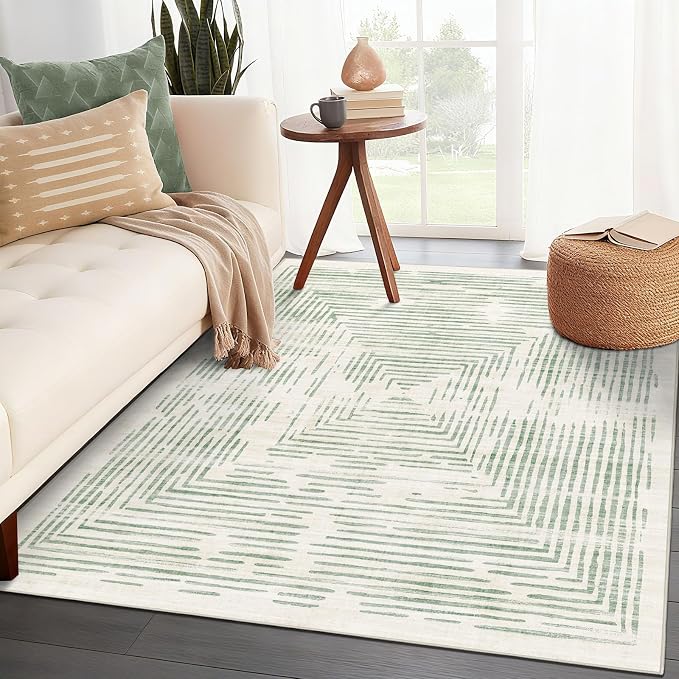 BLISSA 3x5 Washable Area Rug - Modern Entry Rug Non-Slip Ultra-Thin Soft Sage Green Lines Borderd Abstract Striped Bedside Throw Rug for Entryway Kitchen Bedroom Bathroom Dorm Nursery Home Decor