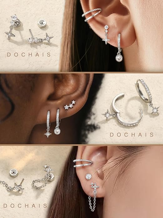 Dochais Flat Back Cartilage Earrings for Women Trendy Dainty CZ Flatback Studs Earing Sets 14k Gold Plated Hypoallergenic Huggie Hoops Earring Stacks for Multiple Piercing