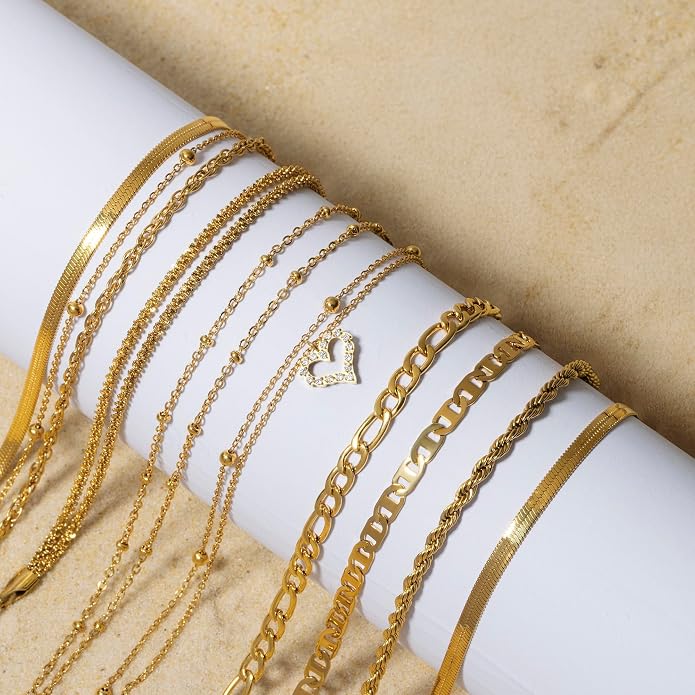 Amberta Silver Gold Waterproof Ankle Bracelets for Women | Boho Layered Anklets for Women | Summer Jewelry, Adjustable Ankle Chain Beaded Rope Heart