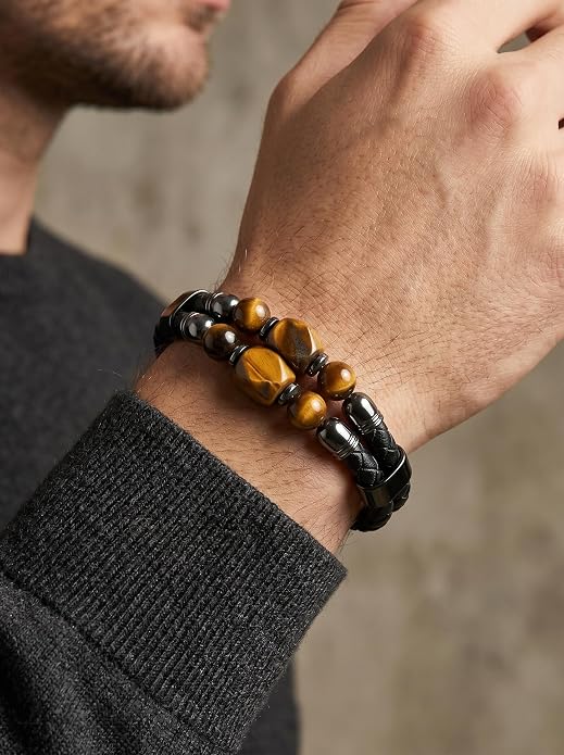 Black Braided Leather Bracelet for Men with Turquoise, Lapis Lazuli, Tiger Eye, Obsidian Stone Double-Row Wristband Beads with Stainless Steel Clasp Fashion Jewelry Gift for Him