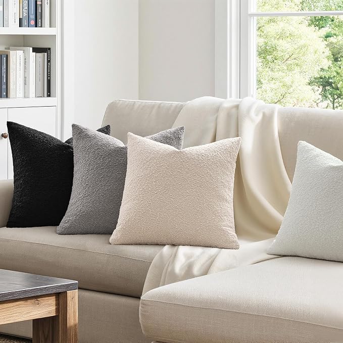 MIULEE Decorative Boucle Throw Pillow Covers 18x18 Black White Set of 4 | Textured Accent Pillow Cases Soft Couch Cushion Covers for Modern Farmhouse Boho Sofa Bed Livingroom Home Decor