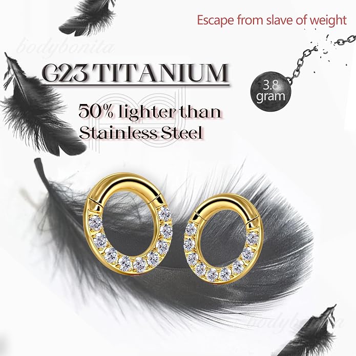 BodyBonita G23 Titanium 0G 2G 4G 6G 8G 10G 12G 14G CZ Septum Rings PA Nose Hoops Clicker Ear Weights for Stretched Ear Piercing Jewelry 10mm 12mm Silver/Gold/Black