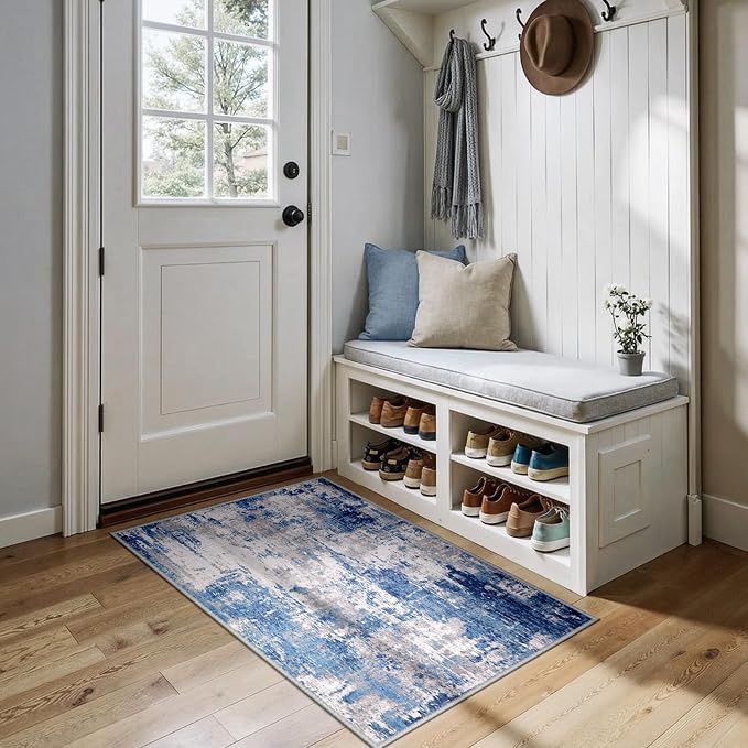 RELEANY Washable Area Rugs 3x4 Non-Slip Modern Abstract Soft for Living Room Entryway Bedroom Kitchen, Print Pattern, Blue Grey Navy Gray