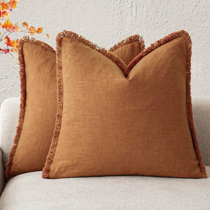 Foindtower Set of 2 Decorative Linen Fringe Throw Pillow Covers Cozy Boho Farmhouse Cushion Cover with Tassels Soft Accent Pillowcase for Couch Sofa Bed Living Room Home Decor, 20×20 Inch, Orange