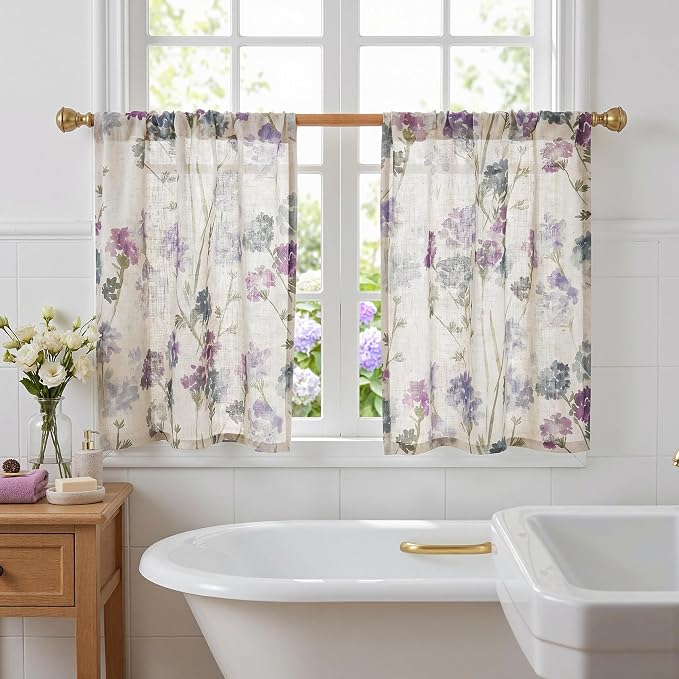 MYSKY HOME Floral Linen Kitchen Tier Cafe Curtains 36 Inch Length 2 Panels Farmhouse Light Filtering Privacy Small Window Treatments Rod Pocket for Bathroom Basement, Purple, 30" Wide Each Panel
