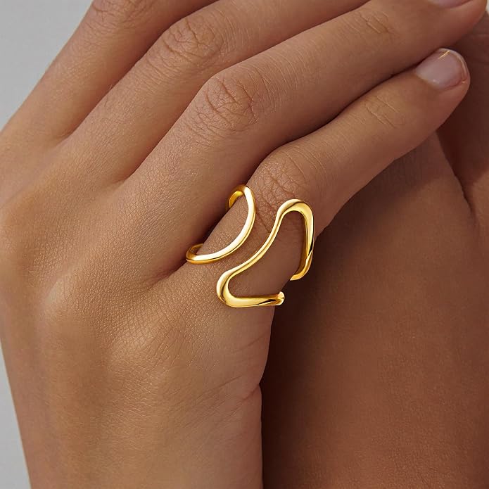 Gelbesty Waterproof Gold Statement Rings for Women, 14K Gold Plated Chunky Open Stackable Rings Non Tarnish Fashion Adjustable Stainless Steel Pinky Knuckle Signet Vintage Ring Jewelry Size 5-11