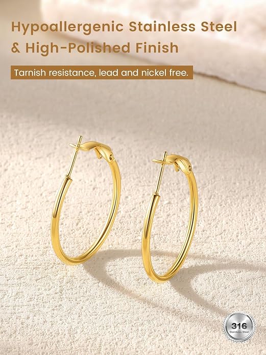 KeyStyle Gold Hoop Earrings for Women, Stainless Steel Hoops Earring Lightweight Loops, 2 mm Thick Hypoallergenic Circle Endless Thin Hoop (20/30/40/50/60/70/80/90/mm)