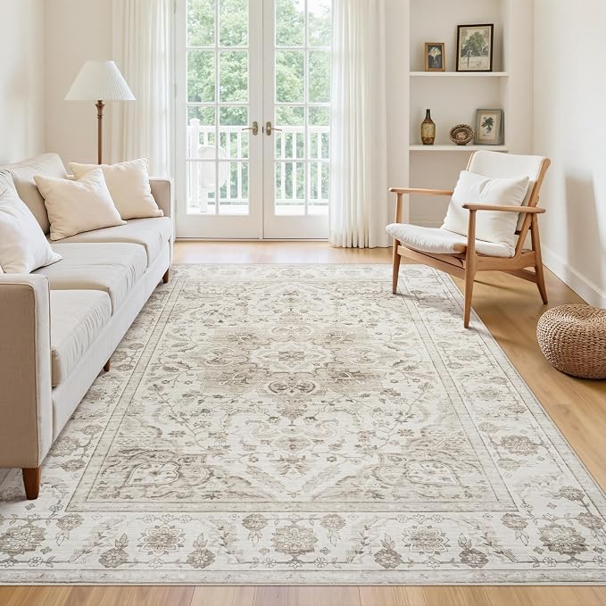 6x9 Area Rugs for Living Room:Beige Washable Vintage Medallion Carpet Non-Slip Soft Low Pile Large Rugs Indoor Retro Rug for Bedroom Nursery Dining Table Office Home(Beige White 6'x9')