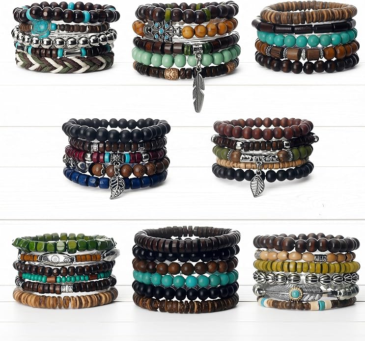 43pcs Boho Hippie Wooden Beads Bracelets unisex for Men and Woman, Gothic Punk Braclets Adjustable, Vintage Beaded Bracelet Set Style for Woman & Men Trendy, Pulseras, Stretch Bracelets Metal Set Wood Bangles Wristbands