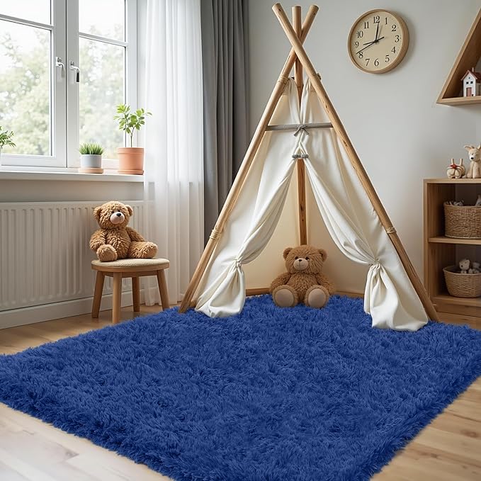 4x6 Area Rug for Living Room, Ultra Soft Fluffy Shag Rugs for Bedroom, Non-Slip Large Fuzzy Plush Rug Indoor Floor Carpet for Nursery Kids Office Dorm Modern Decor, Navy Blue