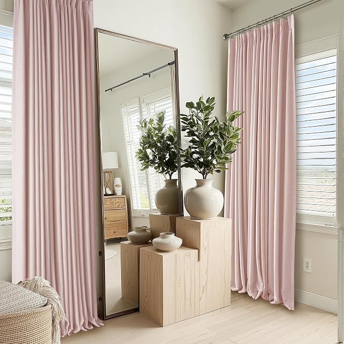 RYB HOME Linen Blackout Curtains 96 inches Long, 100% Blackout Noise Reducing Thermal Insulated Natural Textured Curtains for Farmhouse Dining Room, Pink, 40" W x L96 L, 2 Panels Set
