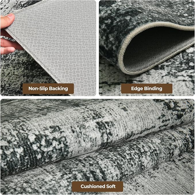 Washable Rugs 8x10 Area Rugs for Living Room,Bedroom,Dining Room-Neutral Modern Abstract Rugs with Non Slip Backing,Large Soft Carpet for High-Traffic Areas Nursery Home Office(Gray Black)