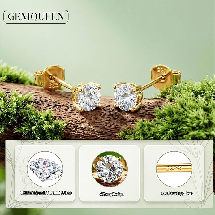 Moissanite Stud Earrings : 18K White Gold Plated Solid 925 Sterling Silver Earring Hypoallergenic Dainty Flat Back Stud Earrings Jewelry for Women Men D Color VVS1 Clarity