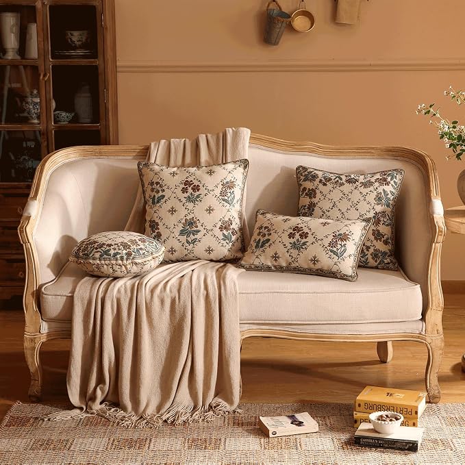 patdrea French Vintage Linen Throw Pillow Cover,Set of 4-Audrey | Decorative Pillow Case with Zipper,Brown Floral Pattern,Pillow Cover for Couch Living Room Bedroom Sofa