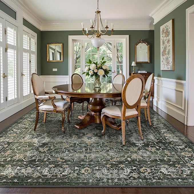 Lahome Margot Boho Green Area Rugs 9x12 Living Room,Washable Large Rugs for Bedroom Aesthetic,Vintage Distressed Non Slip Low Pile Dining Room Rug Carpet for Home Office Playroom(9'x12',Green)