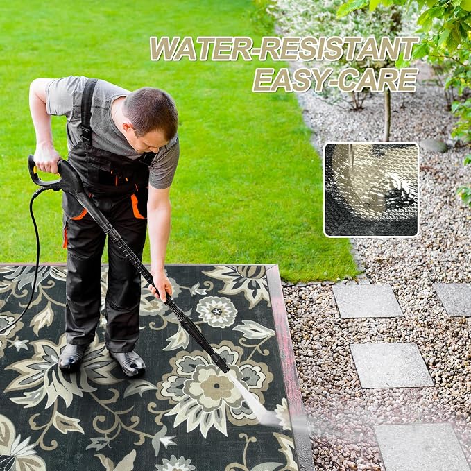 Lahome Floral Indoor Outdoor Rugs, 6x9ft Non Slip Outdoor Patio Rug for Deck Backyard, Soft Outdoor Area Rug for Camping Picnic Backyard, Washable RV Outdoor Rugs for Living Room Bedroom,Black