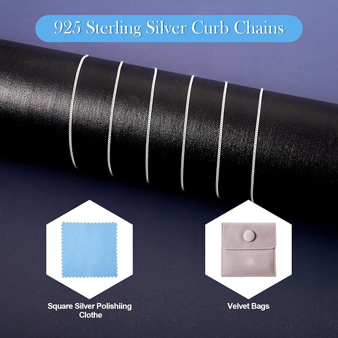 1M 925 Sterling Silver Cuban Chains Unwelded Jewelry Curb Chains 1mm Diamond Cut Cuban Link Curb Chain for Permanent Choker Necklace Jewelry Making with Polishing Cloth & Velvet Bags