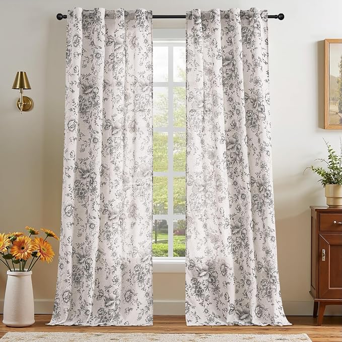 jinchan Black Floral Linen Curtains 96 Inch Farmhouse Back Tab 2 Panels | Light filtering drapes, semi sheer, farmhouse, cottagecore, rustic, living room, bedroom, rod pocket, window treatment