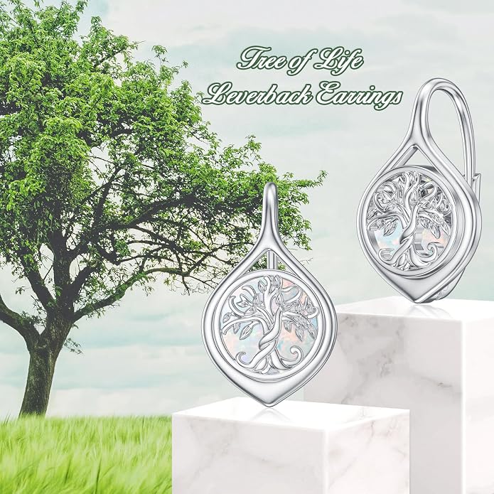 WINNICACA Leverback Earrings for Women 925 Sterling Silver Tree of Life Earrings Dangle Drop Turquoise Moonstone Moss Agate Heart Jewelry Gifts for Women Her Wife Anniversary Birthday Gifts