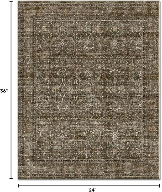Washable 2x3 Entryway Rug, Boho Vintage Non-Slip Door Mat, Red/Brown | 0.3" Neutral Throw Small Rugs for Bedroom Kitchen Nursery Entrance, Cushioned for High-traffic Area