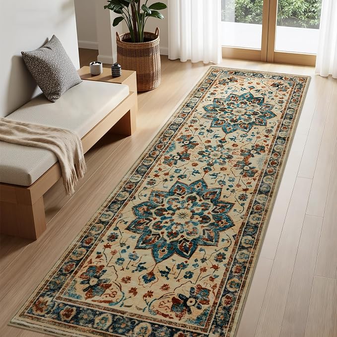 Joydeco Washable 2x6 Hallway Runner Vintage, Beige & Blue & Reddish-Brown | Water Resistant Low Pile Non Slip Backing for Kitchen Entryway Bedroom Bathroom Dining Room