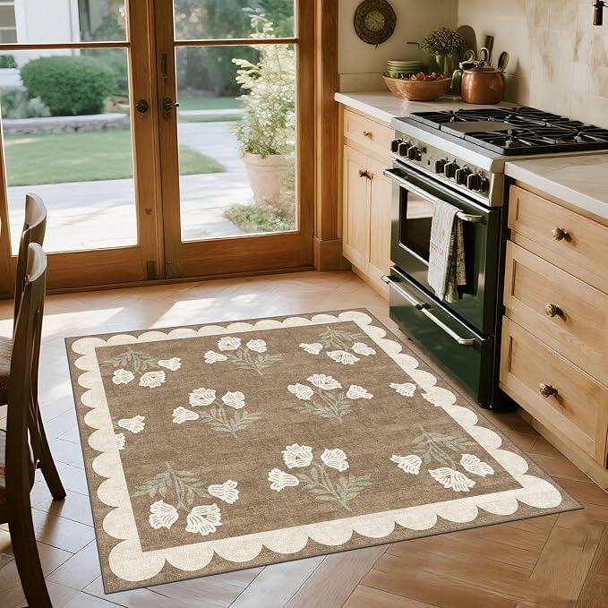 Tan Square Rug 4ft - Soft Washable Boho Farmhouse Square Entryway Rug Non Slip 4x4 Stain Resistant Cottage Floral Scalloped Throw Rugs for Living Room Bedroom Dining Room Bathroom Nursery
