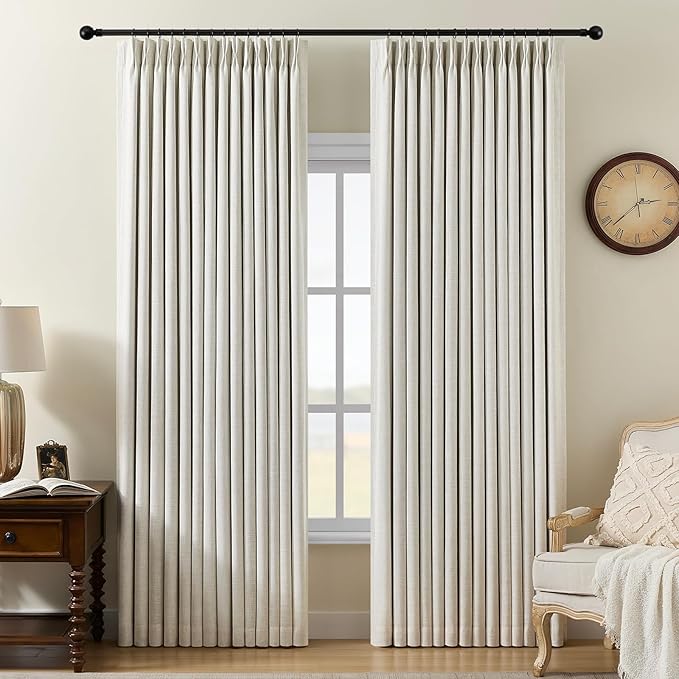 Pinch Pleated Curtains 100% Blackout Linen Curtains 105 Inches Long for Bedroom Living Room, Natural Memory Trained Thermal Insulated Room Darkening Window Drapes with Hooks 2 Panels 40"Wx105"L