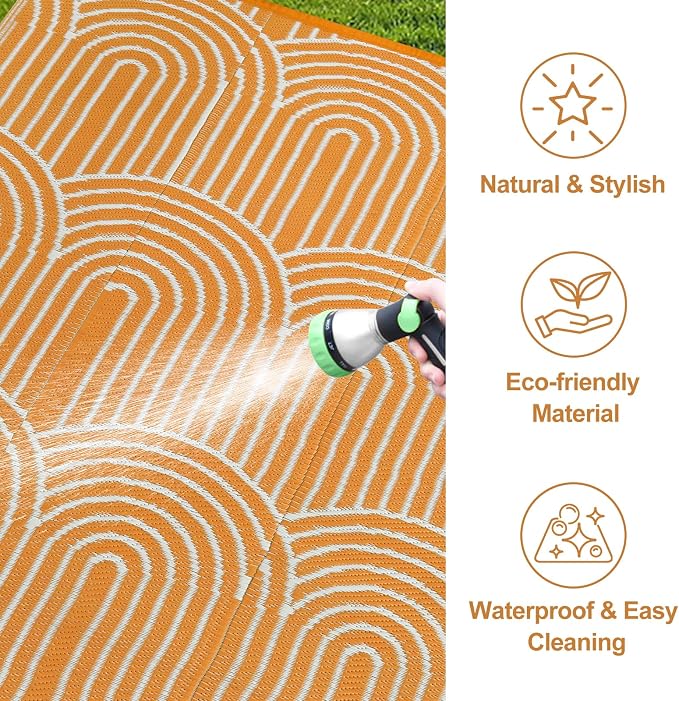 Lahome Outdoor Rugs 6x9 Patio Waterproof, Plastic Straw Rug Reversible RV Mat, Large Portable Outside Camping Carpet for Porch Floor Balcony Deck Tent Fall(Rainbow Orange, 6'x9')