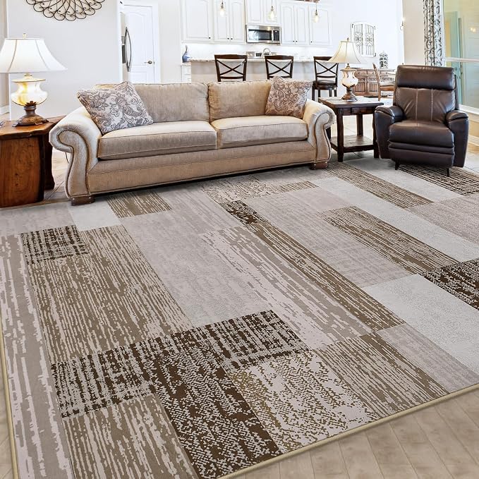FlyDOIT Modern Geometric Patchwork Area Rug, 9x12 Beige Large Rugs for Living Room, Rockwood Collection Indoor Rugs for Bedroom, Throw Carpet Floor Decor for Entryway Dining Room Office Nursery