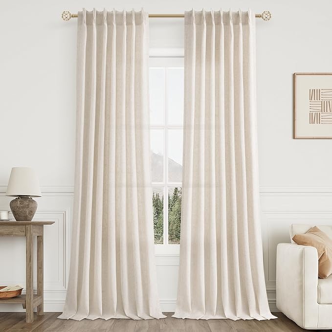 Natural Cream Pinch Pleated Linen Curtains 105 Inches Long for Living Room Pinch Pleat Hooks for Track Back Tab Light Filtering Boho Farmhouse Semi Sheer 105 Inch Curtain for Dining Room Bedroom