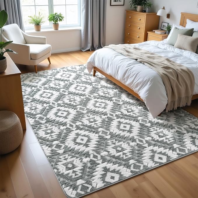 Macgace Ultra Soft Area Rug for Living Room, 6x9 Grey and White Shag Rugs | Washable Non-Slip Backing Medium Pile Modren Geometric Fuzzy Carpet for Kids Room, Girls Bedroom, Classroom, Dorm