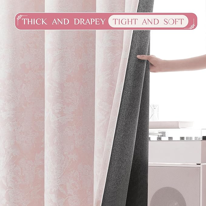 Beauoop Pink Floral Jacquard Blackout Curtains for Bedroom 52x90 2 Panels | Flower Chenille Room Darkening Drapes for Living Room 90 Inch Long Thermal Insulated Soundproof Window treatment Rod Pocket