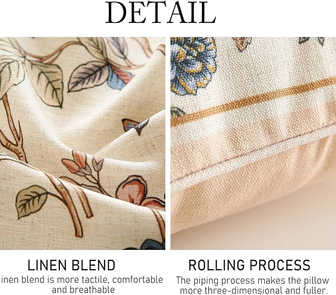 ISAENNE Designer Linen Throw Pillow Cover,Set of 2,18"x18"-Cornucopia A | Elegant French Square Pillow Cover,Concealed Zipper,Floral and Bird Pattern,Sofas,Bedroom,Living Room,Lounge Chairs