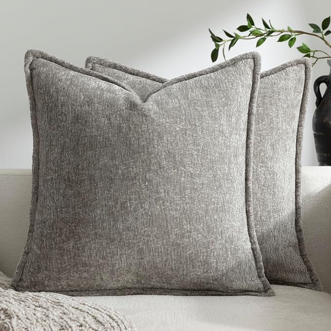 DEZENE Pack of 2 Light Gray Euro Shams Pillow Covers 26x26 Cozy Soft Chenille Decorative Throw Pillow Covers Accent Vintage Square Couch Pillow Covers for Home Decor Bed Sofa Living Room